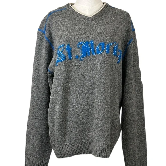 State of Art Men’s Pure Wool Sweater Size M Gray Blue Trim St. Moritz Patch - Picture 2 of 11